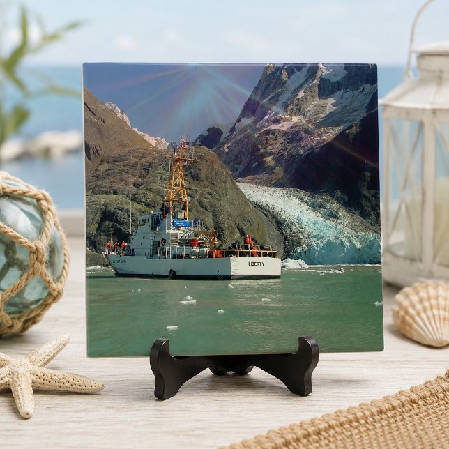 Alaskan Mountain View with Boat Tile (Alaskan Mountain View with Boat Ceramic Tile)