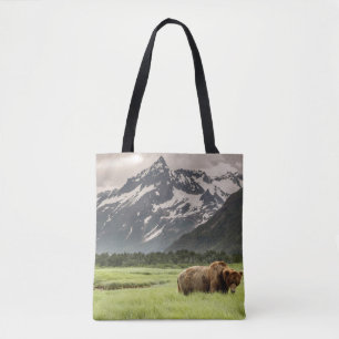 Alaskan shores, grizzly bear tote bag