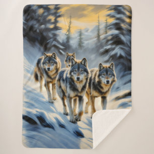 Alaskan Wild Wolf Pack Sherpa Blanket
