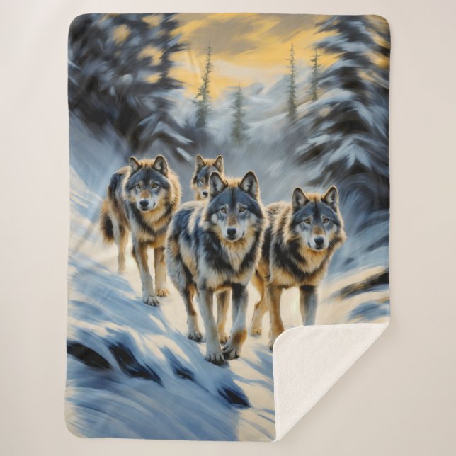 Alaskan Wild Wolf Pack Sherpa Blanket (Front)