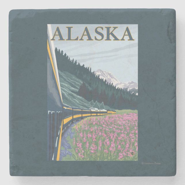AlaskaRailroad and Fireweed Vintage Travel Stone Coaster (Front)