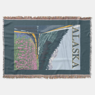 AlaskaRailroad and Fireweed Vintage Travel Throw Blanket