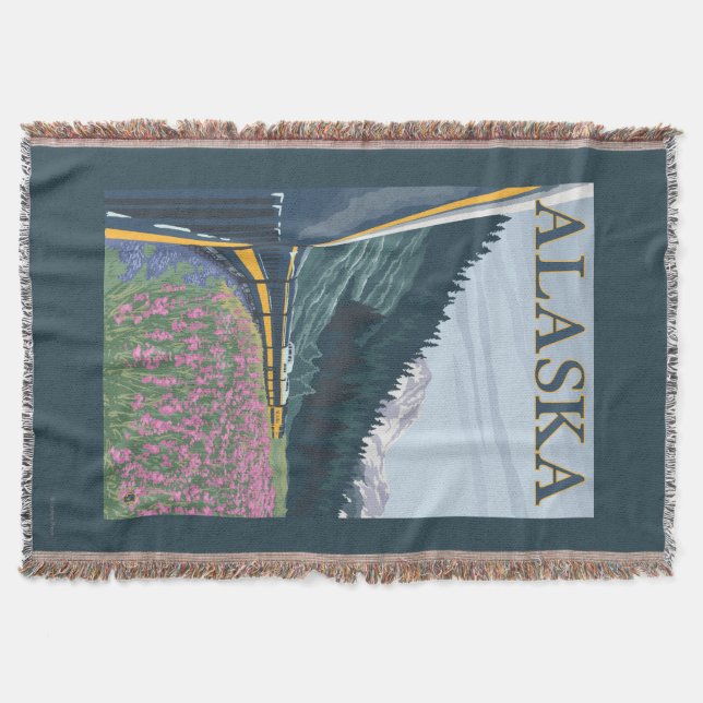 AlaskaRailroad and Fireweed Vintage Travel Throw Blanket (Front)