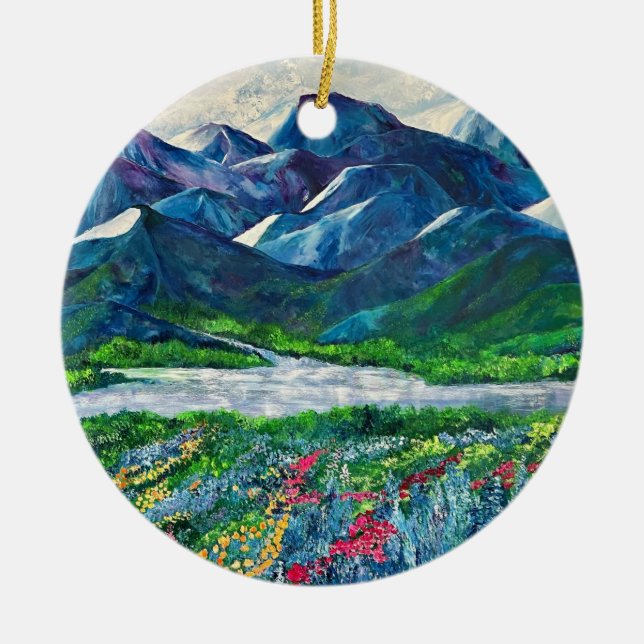 Alaska's Mountains & Fireweed ceramic ornament (Front)