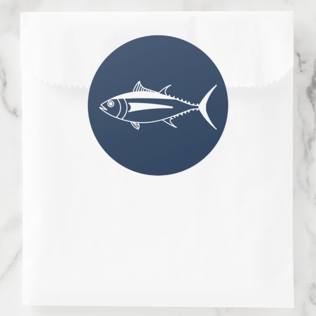 Albacore Tuna Fish in White on Marine Blue Classic Round Sticker (Bag)