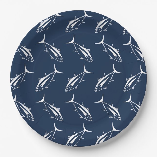 Albacore Tuna Fish in White on Marine Blue Paper Plate (Front)