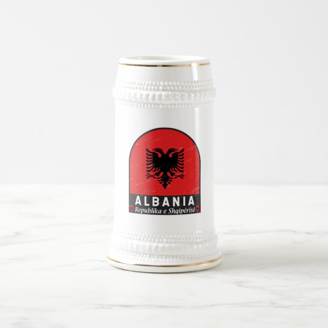 Albania Flag Emblem Distressed Beer Stein (Center)
