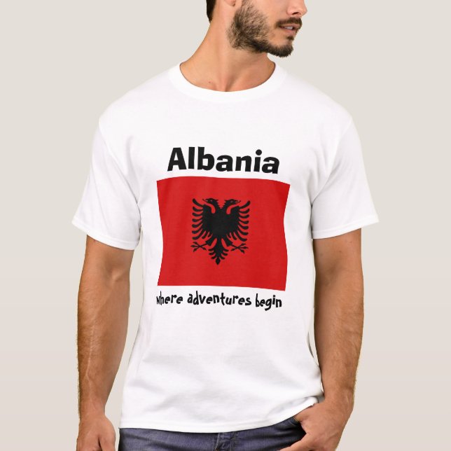 Albania Flag + Map + Text T-Shirt (Front)