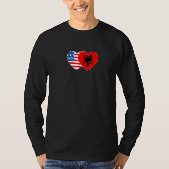 Albania &USA Flag Twin Heart for Albanian American T-Shirt (Front)