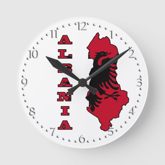 Albanian Flag in Outline Map of Albania Round Clock (Front)