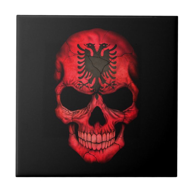 Albanian Flag Skull on Black Tile (Front)