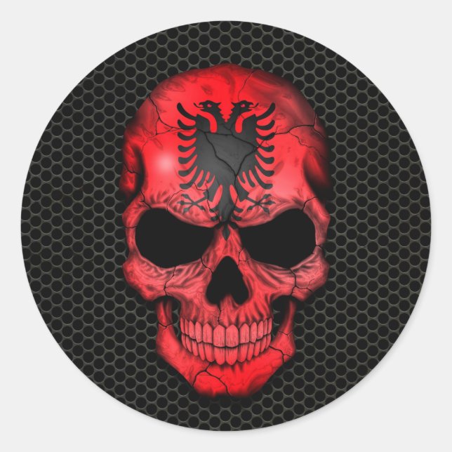 Albanian Flag Skull on Steel Mesh Graphic Classic Round Sticker (Front)