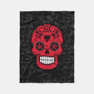 Albanian Flag Sugar Skull with Roses Fleece Blanket