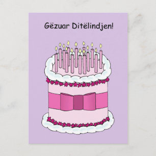 Albanian Happy Birthday cute cake. Postcard