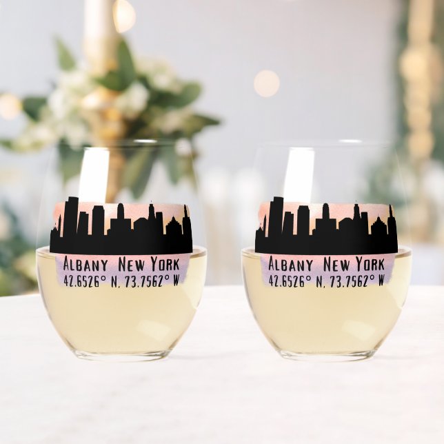 Albany NY City Skyline Beer Stemless Wine Glass (Insitu (Wedding))