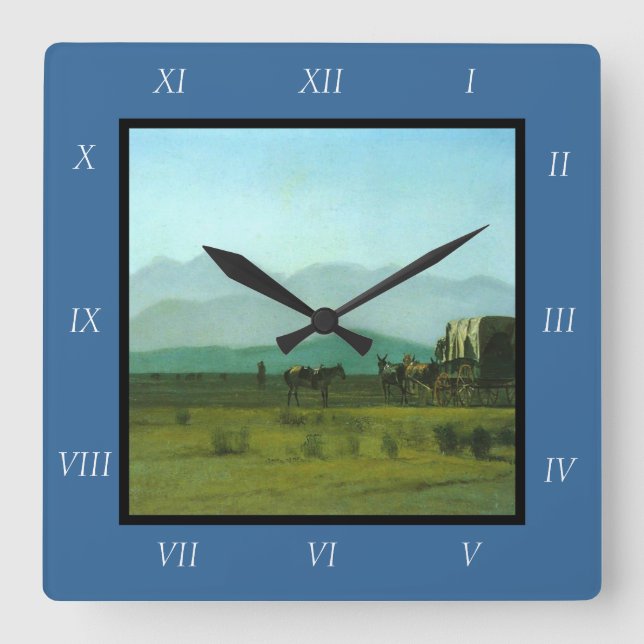 Albert Bierstadt's Surveyor's Wagon in the Rockies Square Wall Clock (Front)