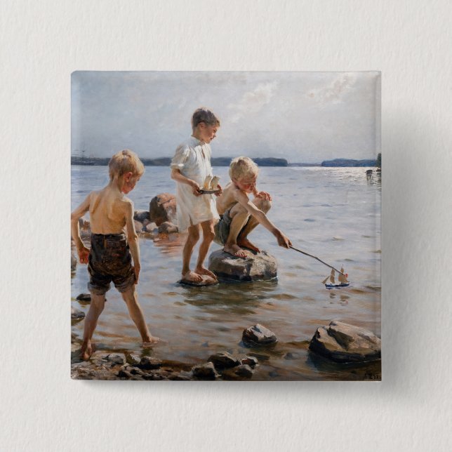 Albert Edelfelt - Boys Playing on the Shore 15 Cm Square Badge (Front)