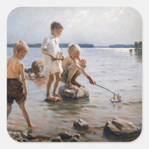 Albert Edelfelt - Boys Playing on the Shore Square Sticker