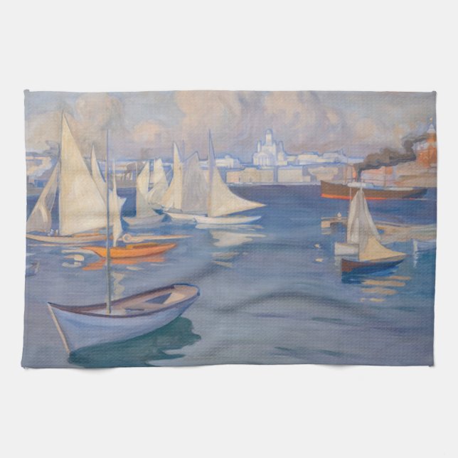 Albert Edelfelt - Harbour in Helsinki Tea Towel (Horizontal)