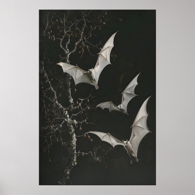 Albino Fruit Bats Art Printable, Dark Botanical Poster (Front)