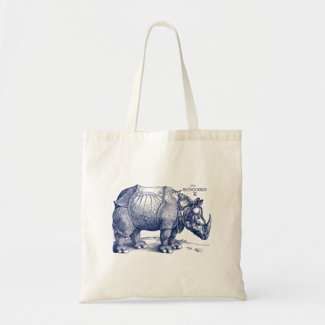 Albrecht Durer Renaissance Rhinoceros Navy Blue Tote Bag (Front)