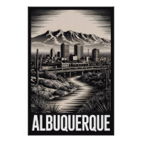 Albuquerque New Mexico Skyline Black White Woodcut