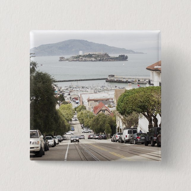 Alcatraz prison viewed from San Francisco 15 Cm Square Badge (Front)