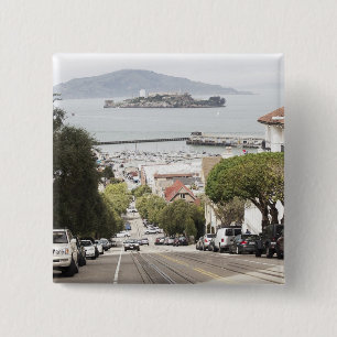 Alcatraz prison viewed from San Francisco 15 Cm Square Badge