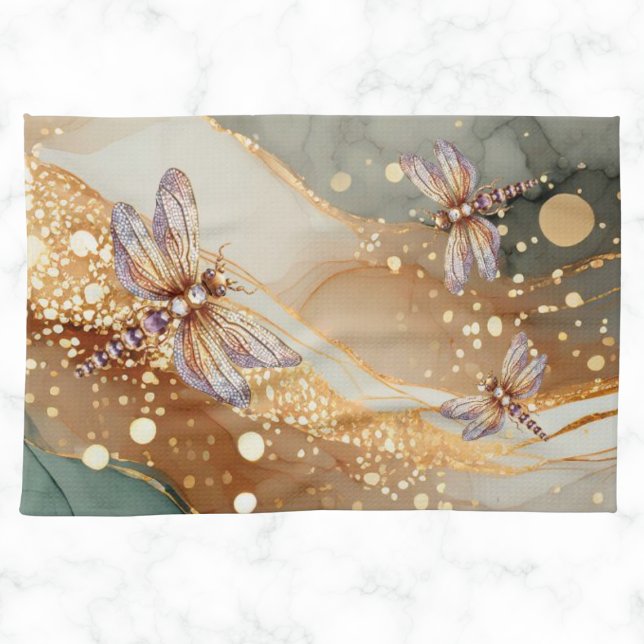 ALCOHOL INK AND JEWEL DRAGONFLY  TEA TOWEL (Alcohol ink and jewel dragonfly kitchen hand towel.  Elegant. Customizable.)