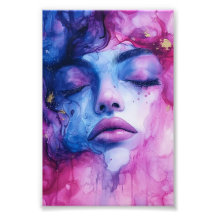 Alcohol ink art pink blue woman