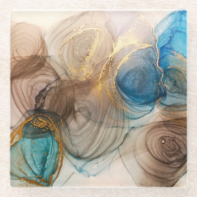Alcohol Ink, Bleached Mineral Abstract. Glass Coaster (Front)