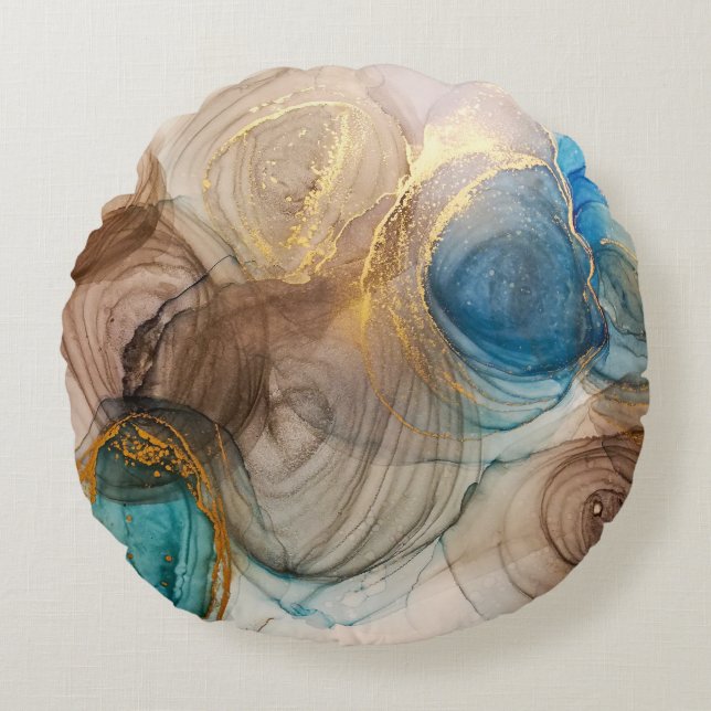 Alcohol Ink, Bleached Mineral Abstract. Round Cushion (Front)