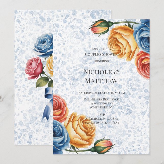 Alcohol Ink Blue Orange Roses Couples Shower Invitation (Front/Back)