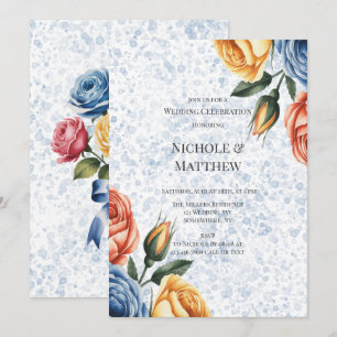 Alcohol Ink Blue Orange Roses Wedding Celebration Invitation