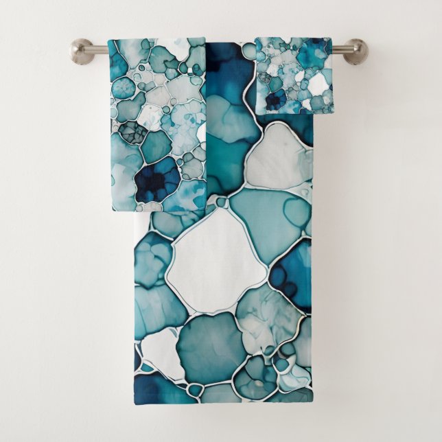 Alcohol Ink Pattern Blue Vibrant Bath Towel Set (Insitu)