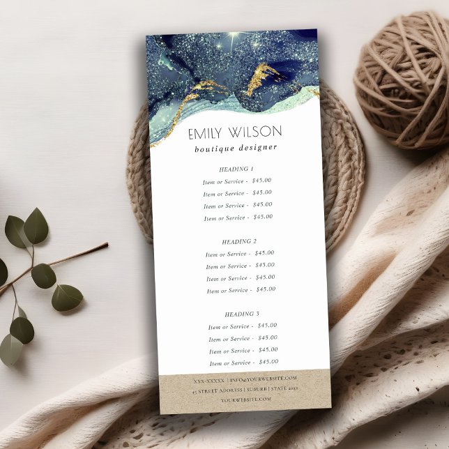 Alcohol Ink Silver Navy Blue Glitter Service Price Rack Card (Creator Uploaded)