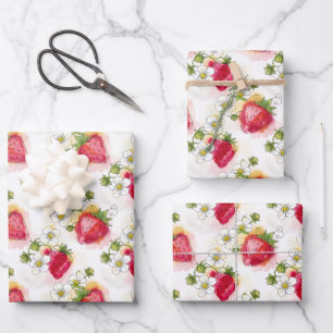 Alcohol Ink Style Strawberry Blossoms and Berries  Wrapping Paper Sheet