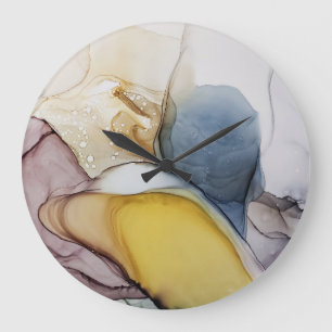 Alcohol ink swirls, yellow tint, abstract. large clock