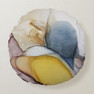 Alcohol ink swirls, yellow tint, abstract. round cushion