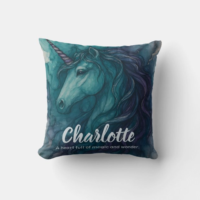 Alcohol Ink Unicorn Pillow – Teal & Purple (Front)