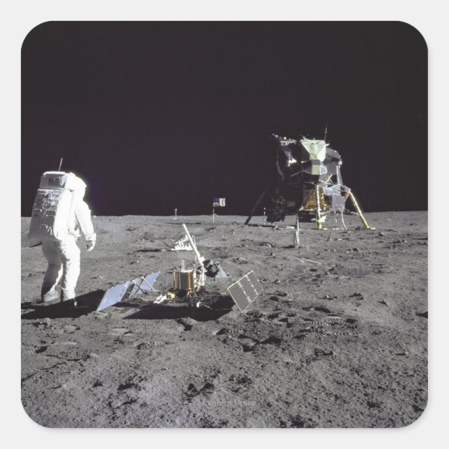 Aldrin Looks Back at Tranquillity Base Square Sticker (Front)