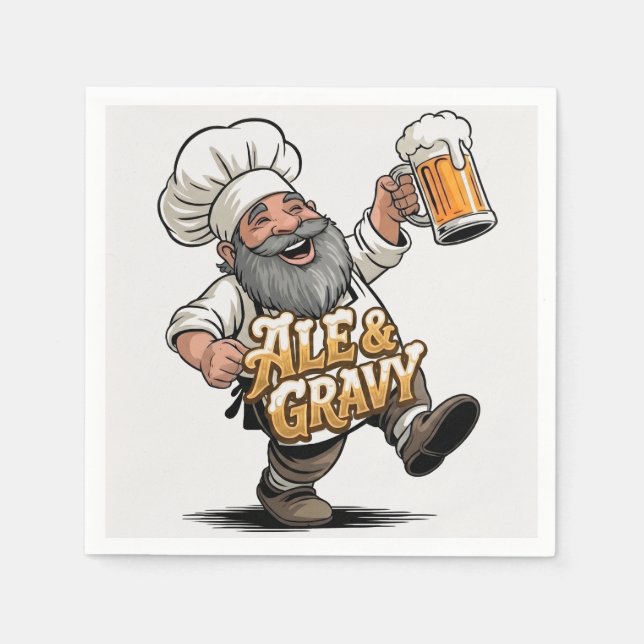 Ale & Gravy Logo Design featuring a Jolly Chef Napkin (Front)
