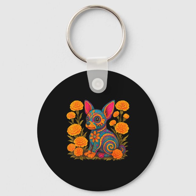 Alebrije Dog Flower Mexican Folk Art Owner Mom Dad Key Ring (Front)