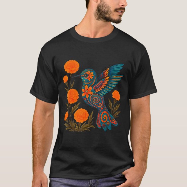 Alebrije Hummingbird Flower Mexican Folk Art Bird  T-Shirt (Front)