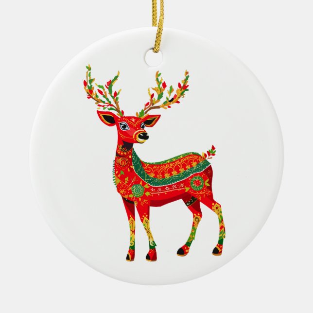 Alebrijes Folk Art Reindeer Customisable  Ceramic Tree Decoration (Front)