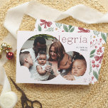 Alegría | Tarjeta Navideña Moderna con 2 Fotos Holiday Card<br><div class="desc">Elegante y moderna tarjeta de Navidad. El diseño presenta dos fotos en forma circular, dándole un toque contemporáneo a sus recuerdos más destacados. La foto más pequeña se superpone sobre la más grande. La palabra “Alegría” aparece en tipografía minimalista de colour rojo en la esquina superior y el nombre de...</div>
