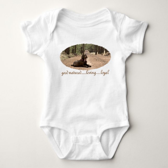Alert Chocolate Lab On A Forest Trail Baby Bodysuit (Front)