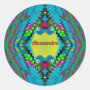 ALESSANDRA~ Black Pink Blue and Yellow Fractal ~ Classic Round Sticker
