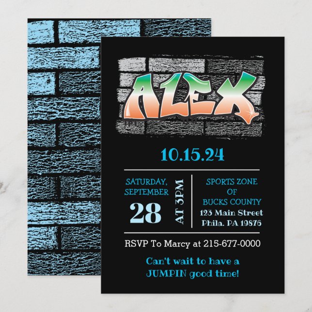 ALEX Your Name Graffiti Brick Wall Paint Splatter Invitation (Front/Back)