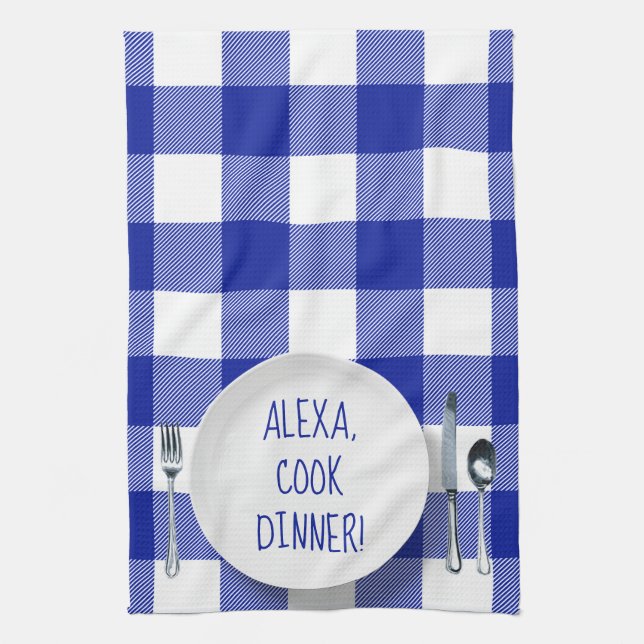 Alexa Command humour on buffalo plaid Tea Towel (Vertical)